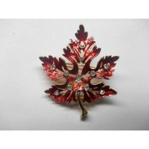 Vintage Red Enamel Rhinestone Maple Leaf Gold Tone Brooch Pin